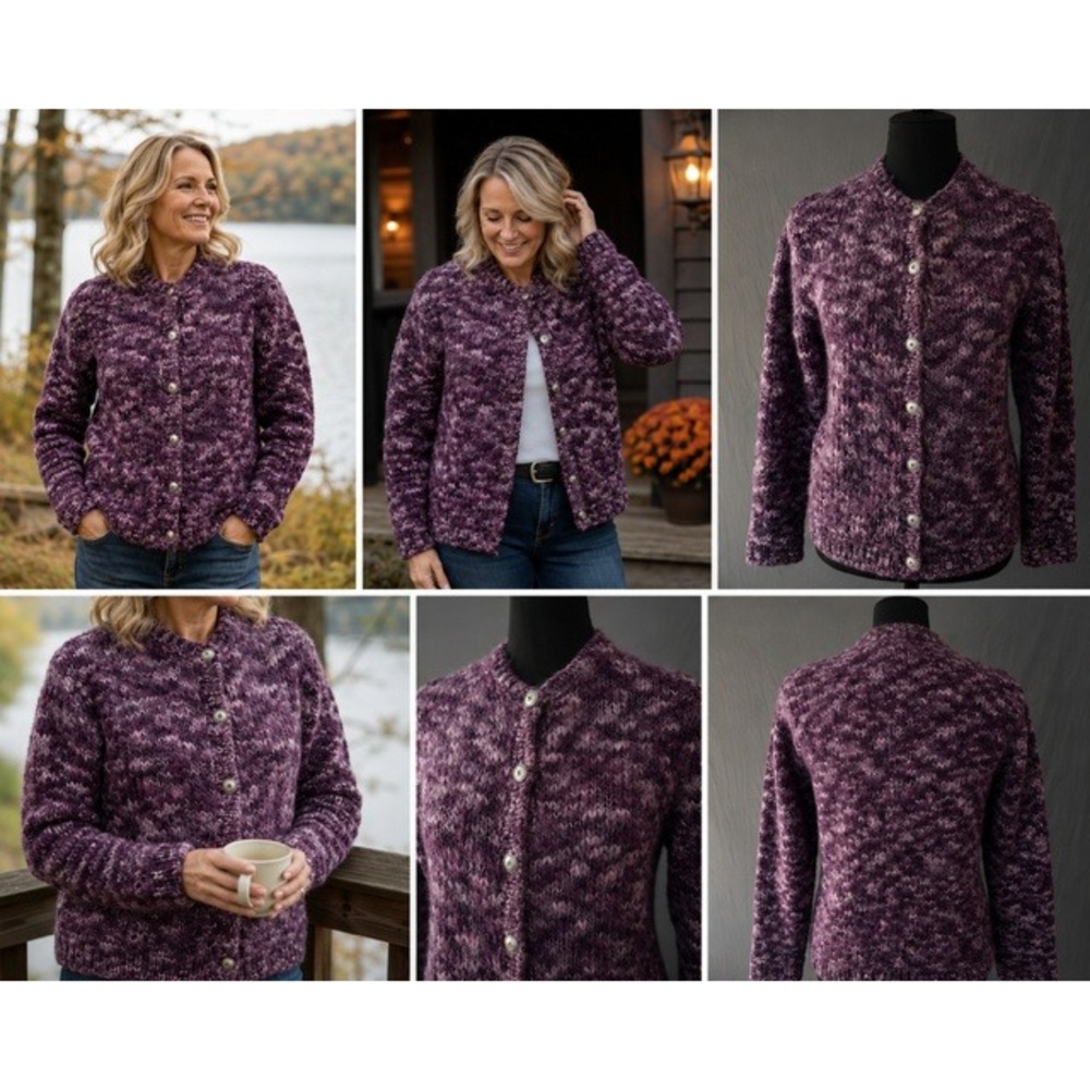 Handmade 100% Wool Purple Variegated Chunky Knit Button Front Cardigan Sweater